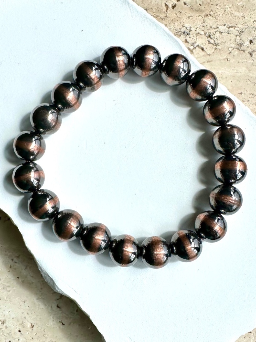 Real Copper Navajo Pearl Bead Stretch Bracelet 10mm – Oxidized Finish 31g